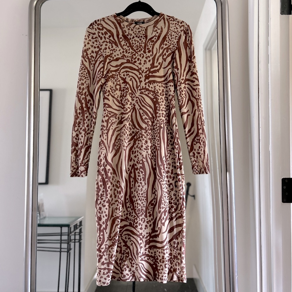 AFRM Brown Nude Tan Animal Print Loah Long Sleeve Mesh Sheer Midi Dress